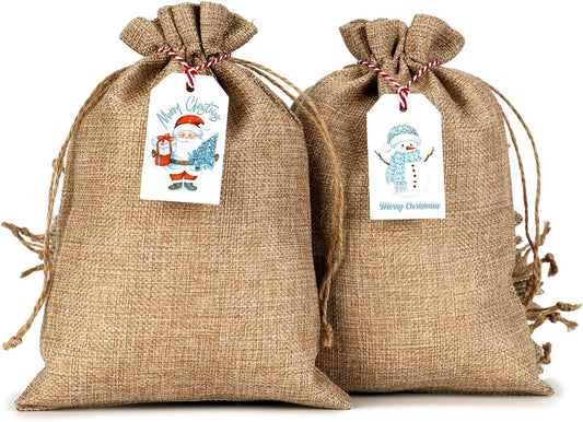 Tapleap Burlap Bags with Drawstring, 7x10 Inches Burlap Sack with Christmas Tags and String (Lot of 50) for Wrapping Christmas Gifts, Party Favors for Coworker, Classmates, Children or Neighbors