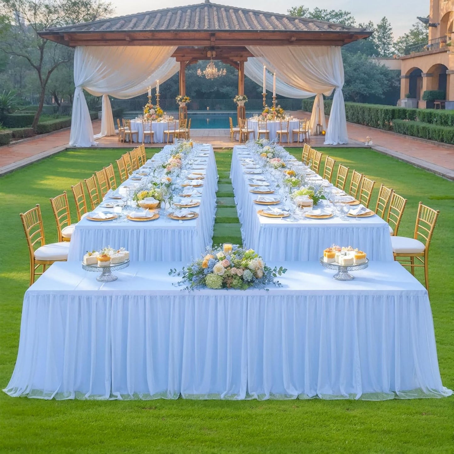 Suppromo Baby Blue Tulle Tablecloth for 4 Foot Rectangular Tables, 48 x 24 Inch White Rectangle Table Cloth, Wrinkle Free Table Cover with Tutu Skirt for Wedding Birthday Party Banquet Tablecover
