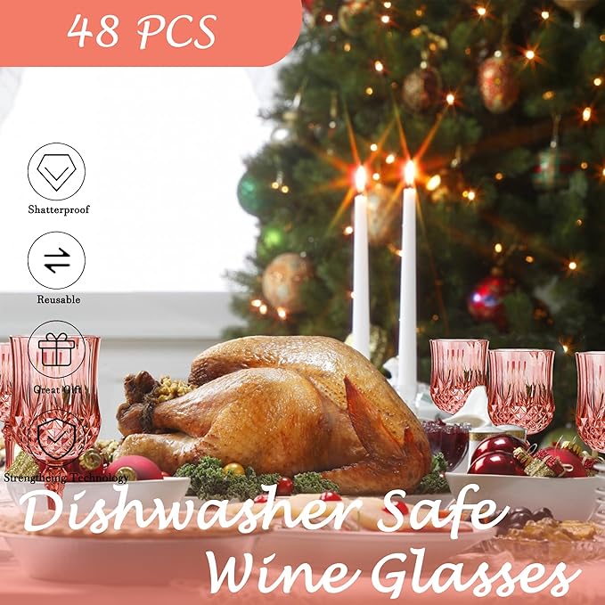 Plastic Wine Glasses, Plastic Goblets Vintage Style Cordial Unbreakable Drinking Glasses, Reusable Drinkware for Wedding Reception, Grand Event Party Supplies, Easter (48, Rose Gold)