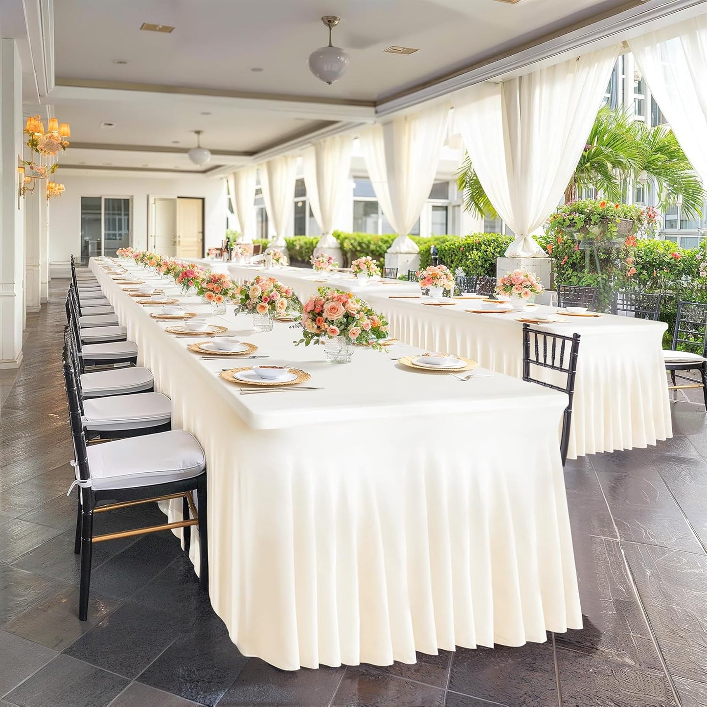 PARTISKY Ivory Spandex Tablecloth for 8ft Rectangle Tables, Stretchable Table Cover Skirt for Folding Tables Weddings Parties Banquets Events Trade Shows and Dessert Table