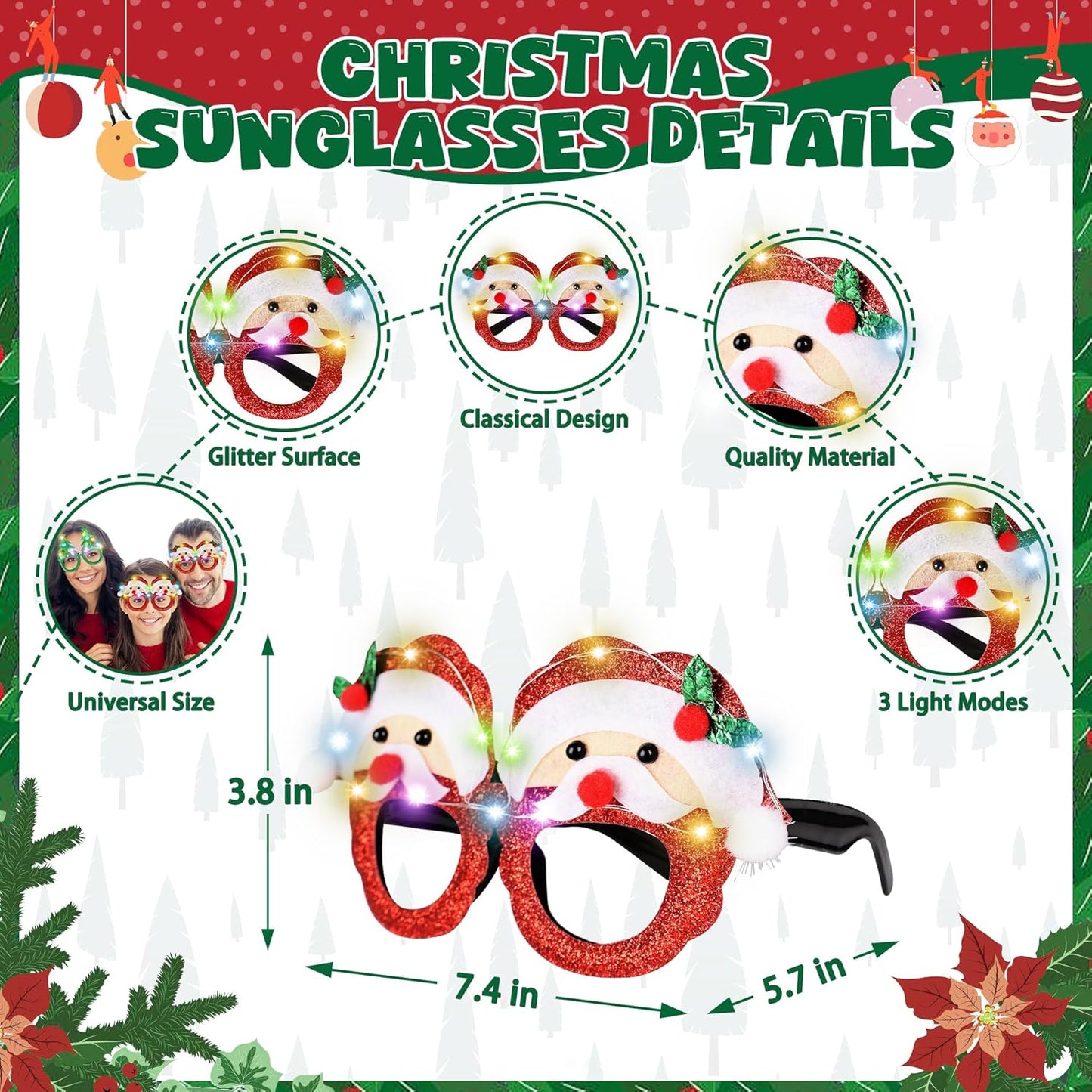 36 PCS Christmas Party Favors, Light Up Candy Cane Snowflake Tree Bulb LED Necklace Flashing Headwear Glow Eyeglasses Set for Bulk Xmas Gifts, Holiday Christmas Party Supplies for New Years Eve