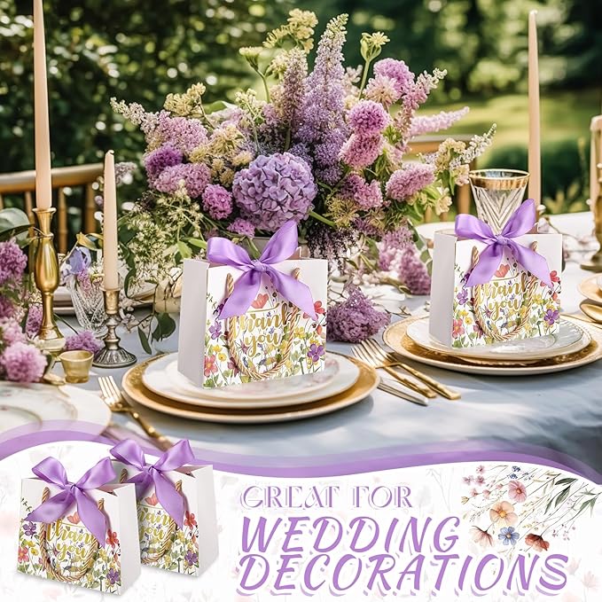Moinchore 40 Pack Wildflower Thank You Gift Bags with Handles Small Thank You Party Favor Bags with Bow Wedding Welcome Tote for wedding Holiday Bridal Shower Party(Vintage Purple Flowers)