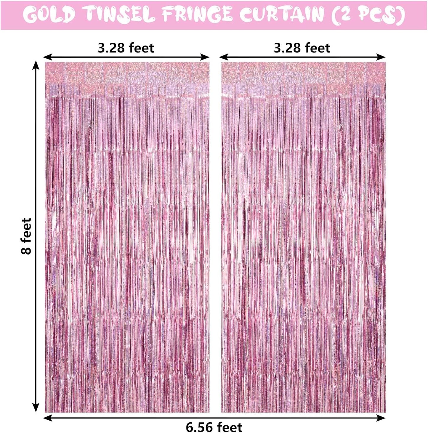 Pink Tinsel Foil Fringe Curtain Backdrop, 3.3 x 8.2 ft Metallic Glitter Curtain Streamers, 2 Pack Pink Photoboth for Birthday Bridal Shower Valentines Day Party Decorations