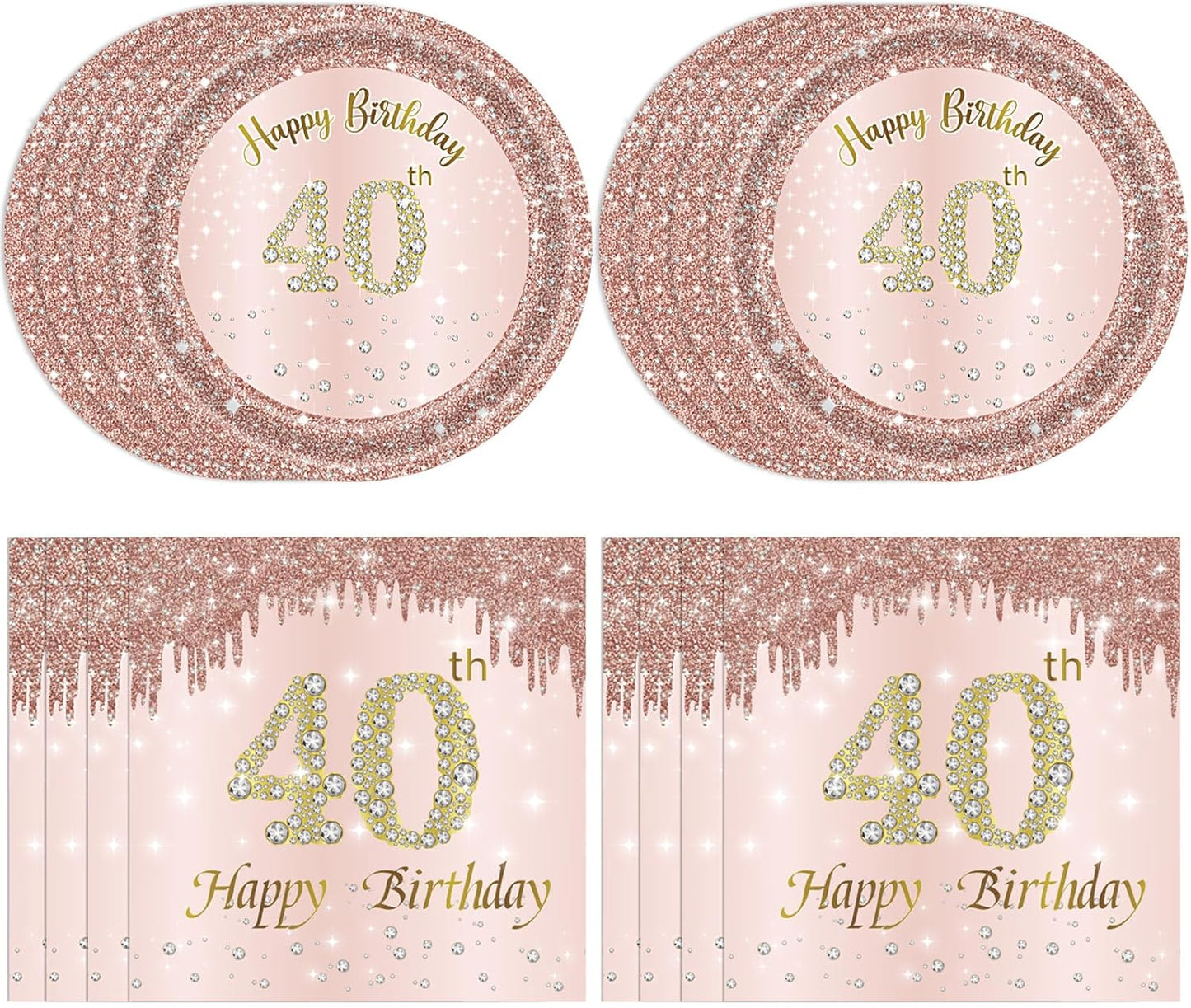 40th Birthday Decorations for Women, Rose Gold Forty Year Old Party Supplies Include 20 Plates 20 Napkins, Pink 40 Aged Birthday Party Tableware