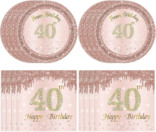 40th Birthday Decorations for Women, Rose Gold Forty Year Old Party Supplies Include 20 Plates 20 Napkins, Pink 40 Aged Birthday Party Tableware