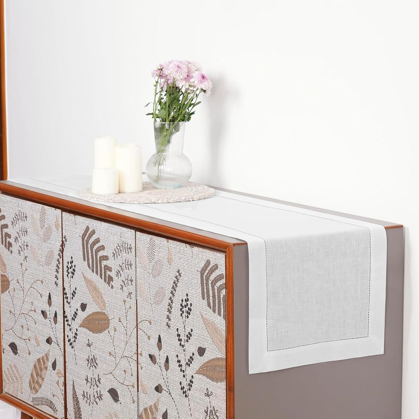 D'Moksha Homes Linen White Table Runner 90 Inches Long - Classic Hemstitch 100% Pure Linen White Dining Table Runner 14 x 90 Inch for Fall, Autumn and Halloween