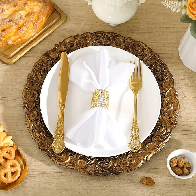 12 Pcs Antique Gold Charger Plates Bulk 13 Inch Embossed Rim Plastic Round Decorative Vintage Plates Charger for Dinner Wedding Party Event Table Setting Decoration (Classic)