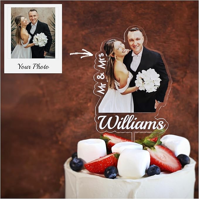Custom Photo Cake Topper – Personalized Acrylic Cake Topper with Picture and Name, Printed Cake Sign Charm for Couples and Dessert Decoration