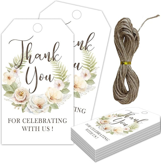 Floral Paper Gift Tags with String, 50Pcs Thank You for Celebrating with Us Tag, Gift Labels for Birthday Party Baby Bridal Shower Wedding Favor, Botanical Leaves Print-A18