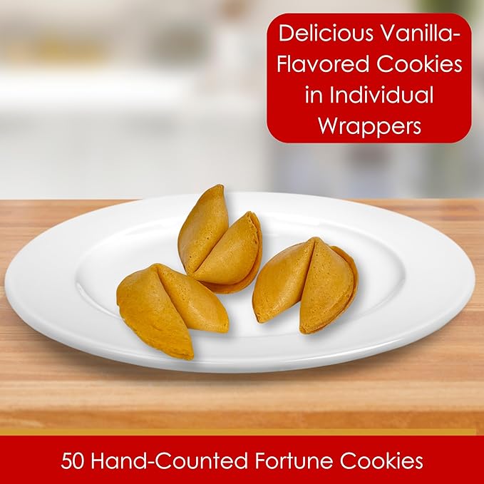50 Fortune Cookies - Individually Wrapped with Fun, Traditional Fortunes, Lucky Numbers and Chinese Characters - Bundle of 50 Vanilla Cookies
