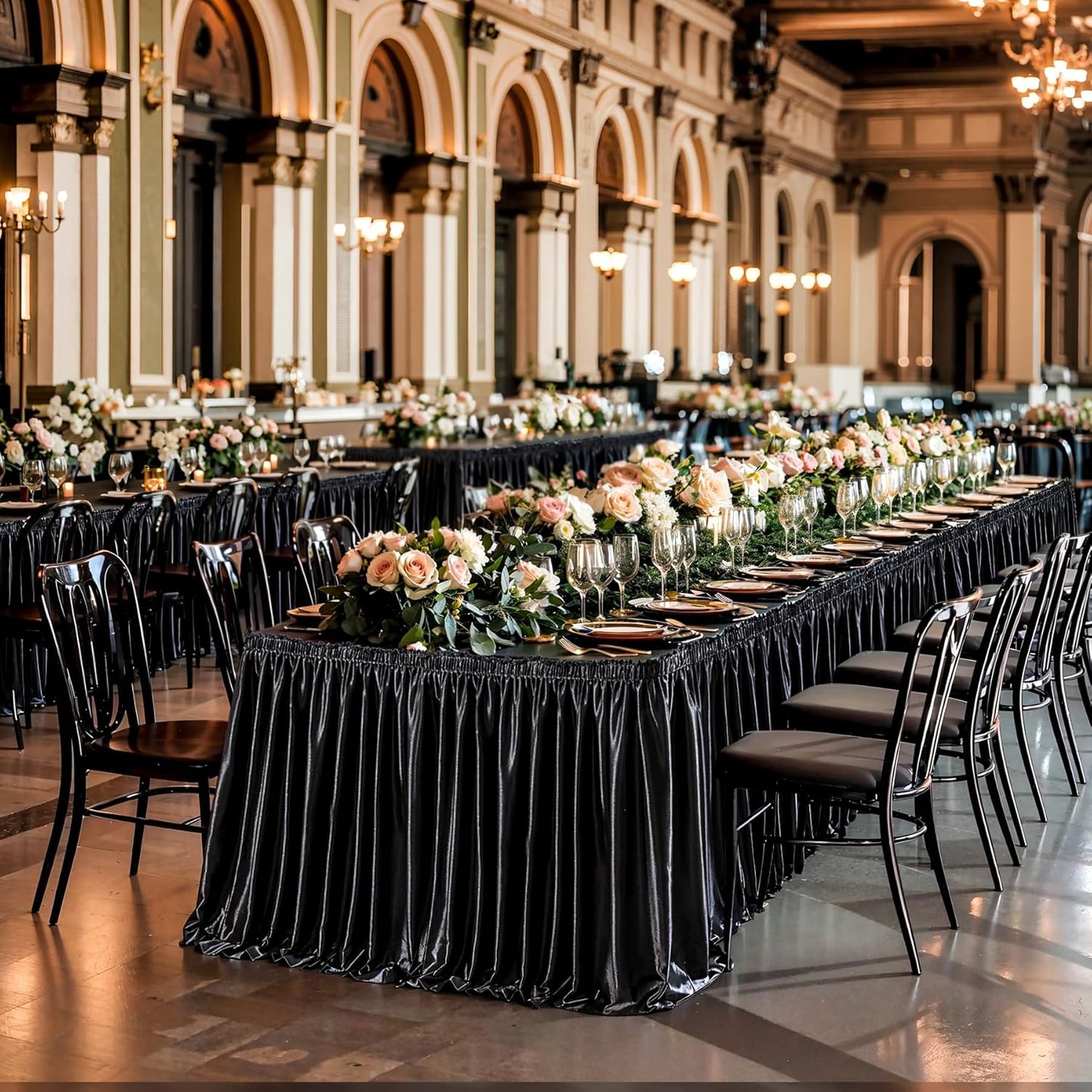 Wish Care 21ft Long Black Satin Table Skirt for Rectangle Wrinkle Free Glitter Desk Skirts Pleated Ruffle Table Cloth for Wedding Birthday Graduation Party Buffet Display Trade Show Table Decorations