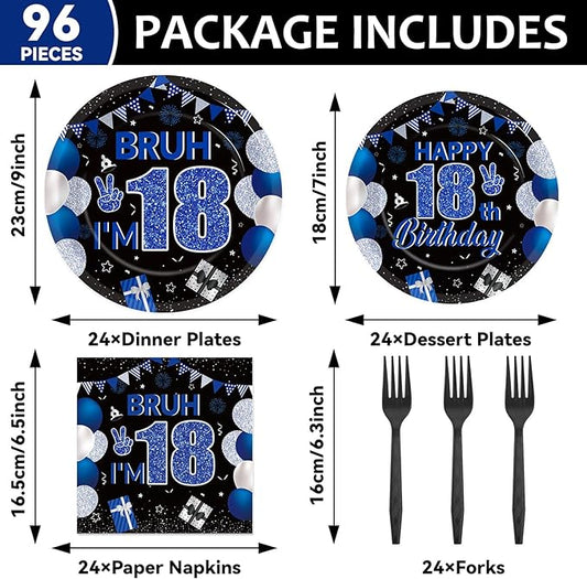 96PCS 18th Birthday Party Paper Plates and Napkins and Forks Set for Blue and Silver Bruh I'm 18 Years Old Party Paper Plates Disposable Decor Happy 18th Parties Set for Teens Birthday Decorations
