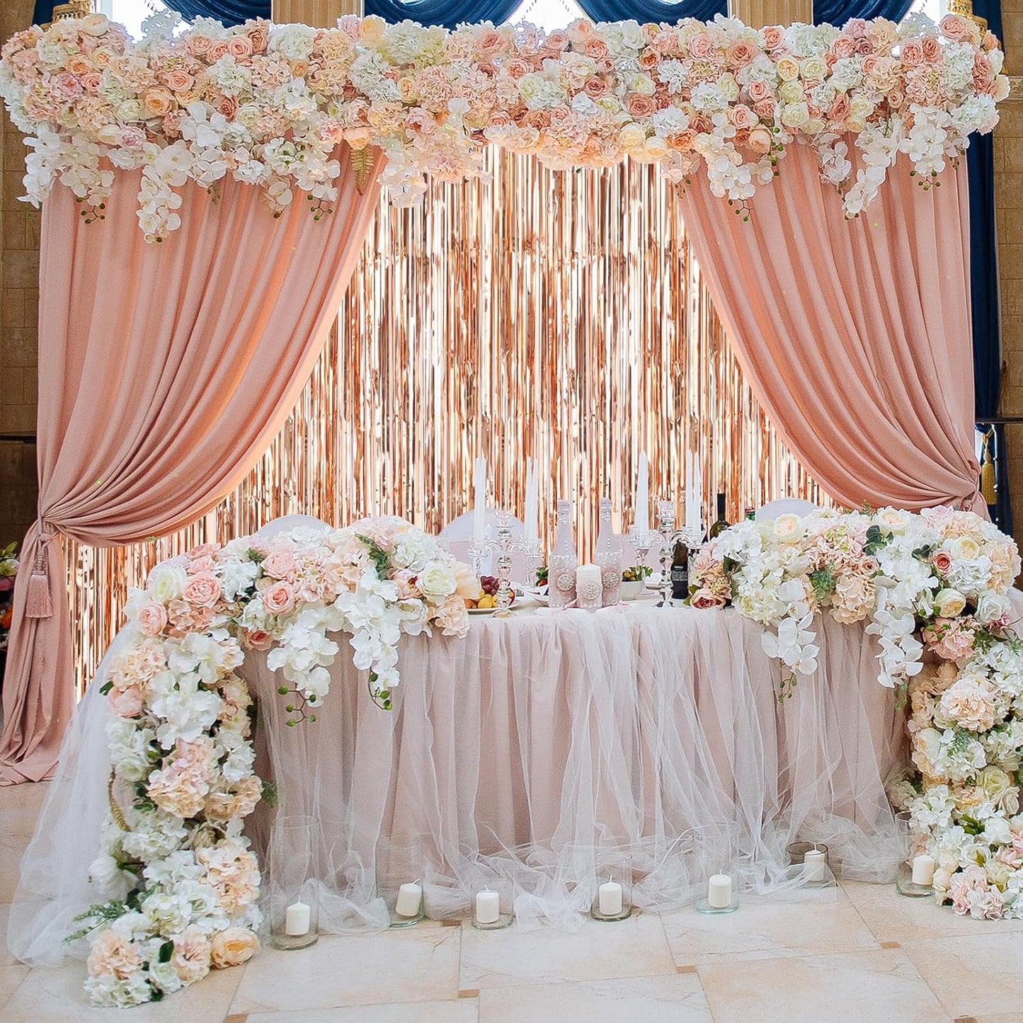 Accevo Rose Gold Foil Party Streamers 3Pack Metallic Tinsel Fringe Curtain 3.2ft x 8.2ft Streamer Curtains Anniversary Thanksgiving Christening Party Photo Booth Tinsel Curtain for Parties Decoration