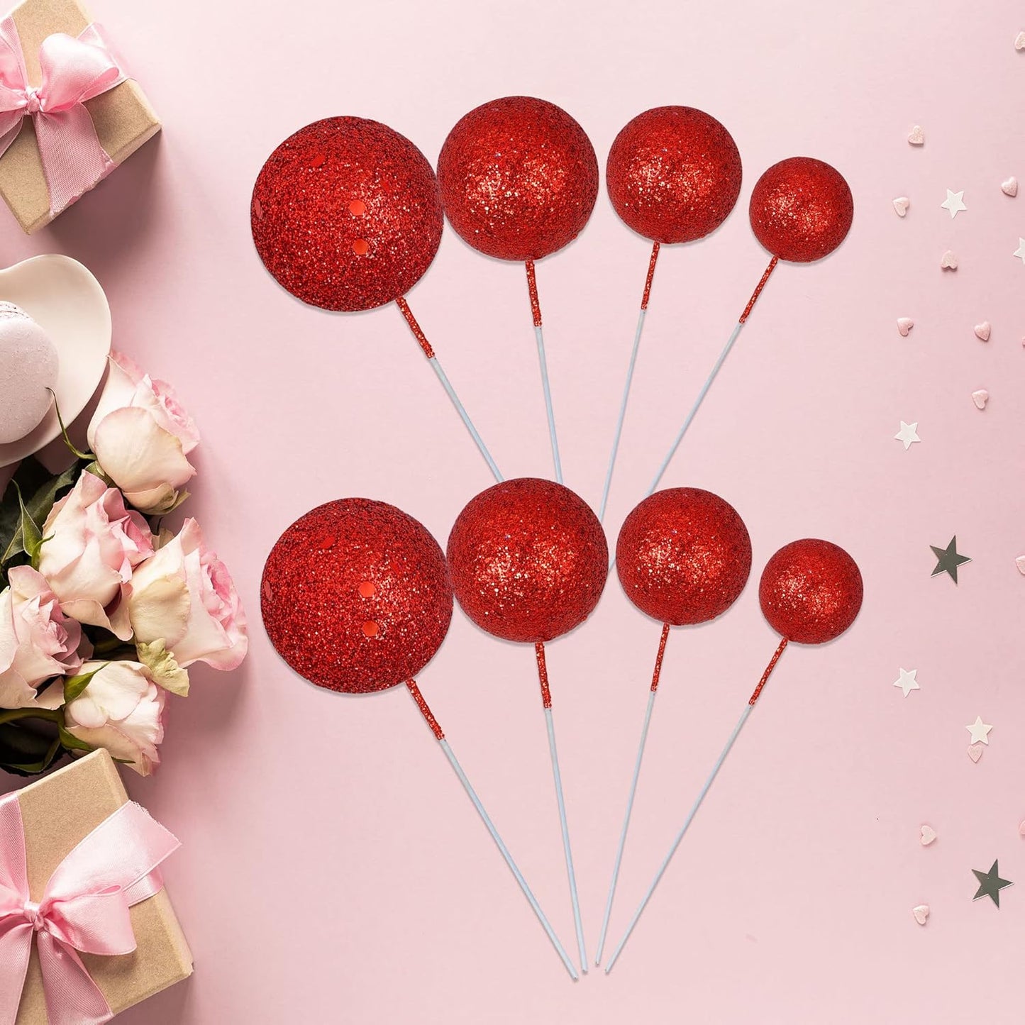 30Pcs Balls Cake Topper Glitter Foam Ball Cake Picks Mini Balloon Cupcake Insert Bubble Balls DIY Decoration for Baby Shower Wedding Anniversary Kids Birthday Graduation Party Cake Decorations Red