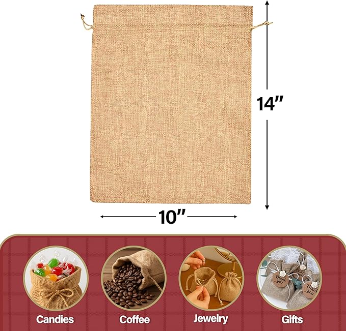 Mandala Crafts 10X14 Inch Plain Burlap Drawstring Gift Bags for Favors - 20 Large Linen Sacks Gift Pouches for Candy, Coffee, Jewelry, Wedding, and Party Supplies