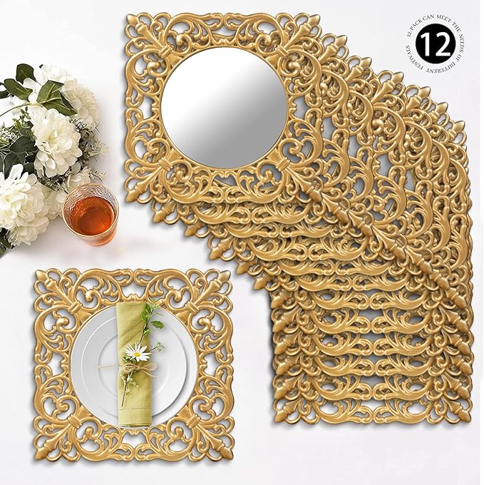 MAONAME 12" Gold Charger Plates Set of 12, Mirror Charger for Dinner Plates, Plastic Plate Chargers with Embossed Rims, Square Chargers for Table Setting, Wedding