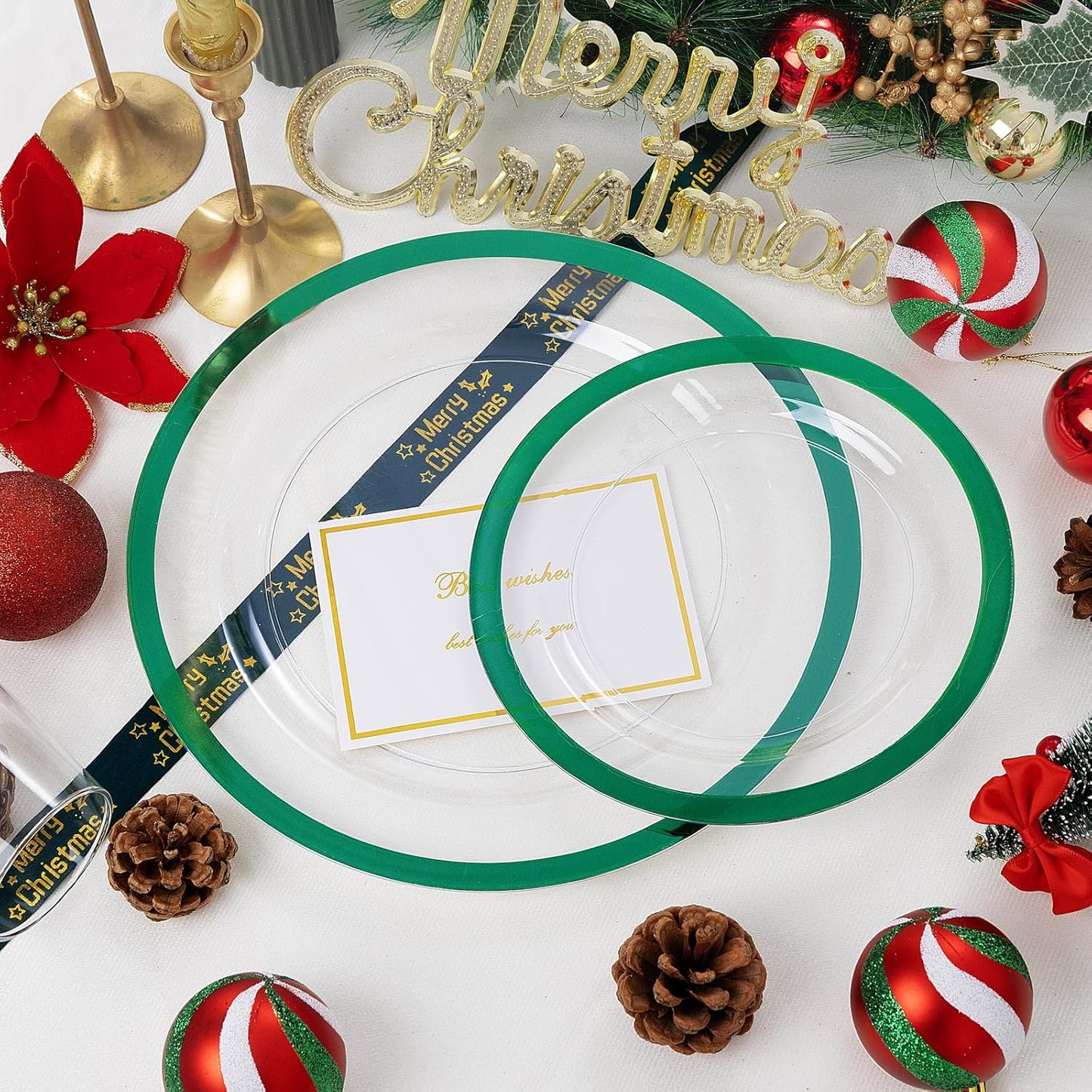 U-QE 200PCS Christmas Plates Disposable - Green Plastic Plates Disposable Heavy Duty- Holiday Plate Include 100 10" Dinner and 100 7" Dessert Platos, Perfect for Christmas Party