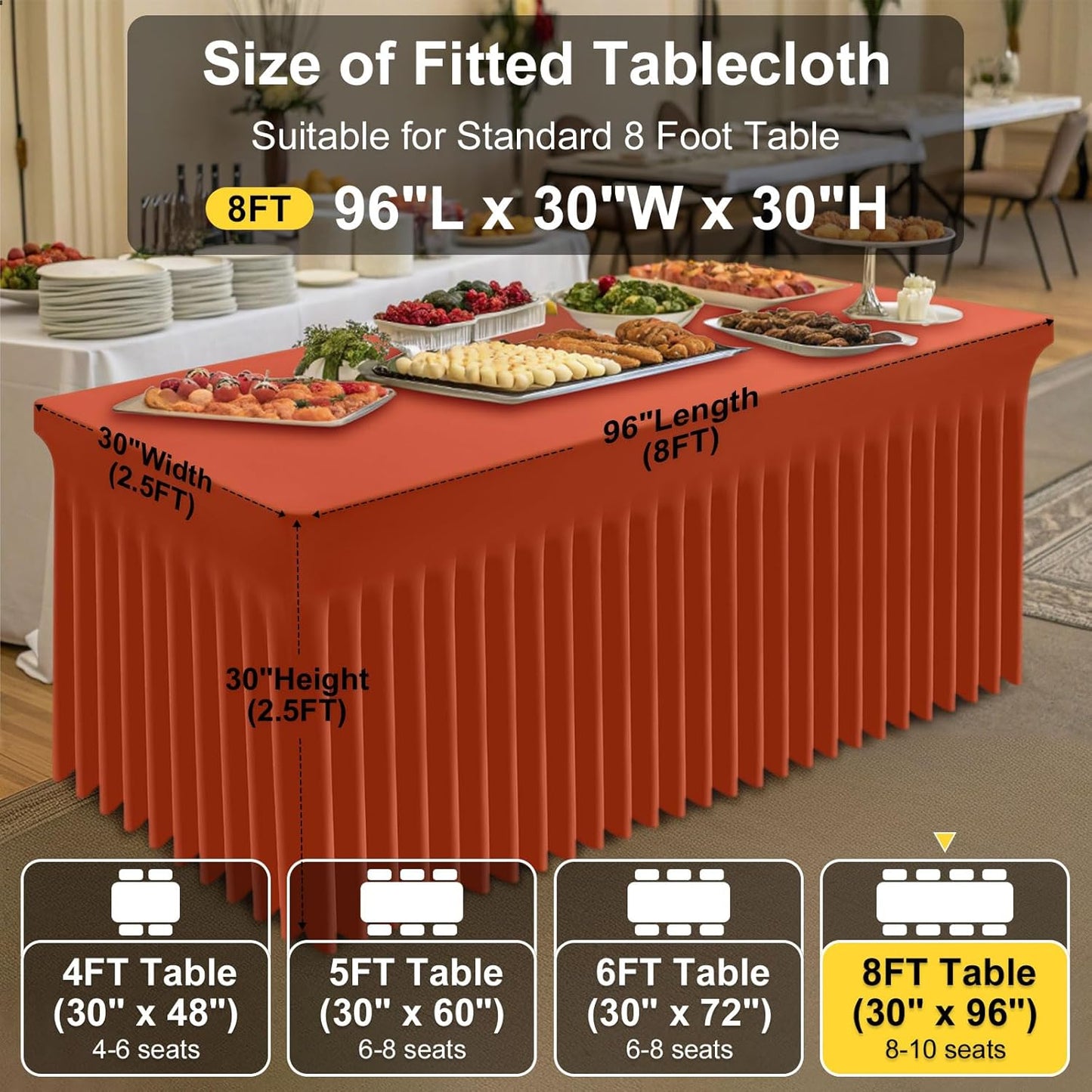 Smiry Spandex Tablecloth, Elastic Fitted Stretch Tablecloth for 8FT Rectangle Tables, Waterproof Washable Table Cover Skirt for Outdoor, Wedding, Banquet & Parties (Rust, 96Lx30Wx30H Inch)