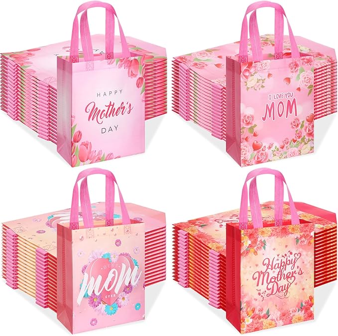 Wesnoy 100 Pcs Mother's Day Gift Bags Bulk with Handle Reusable Floral Non Woven Love Mom Treat Goodie Bags Gift Wrap for Mom Grandma Happy Mother's Day Party Favor Supplies