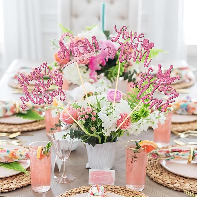 12 PCS Happy Mother's Day Centerpiece Sticks Double Sided Glitter Love Super Mom Best Mom Centerpieces for Happy Mother's Day Theme Table Flower Decorations Women Birthday Party Supplies Pink