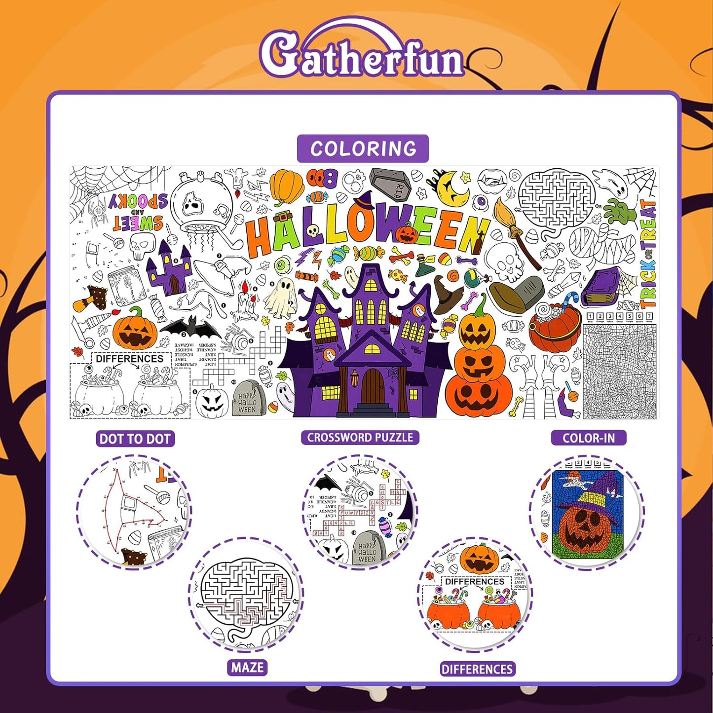 Halloween Coloring Tablecloth - 31.5 x 72 Inches,Versatile Paper Coloring Banner/Table Cover for School Party Halloween Decoration