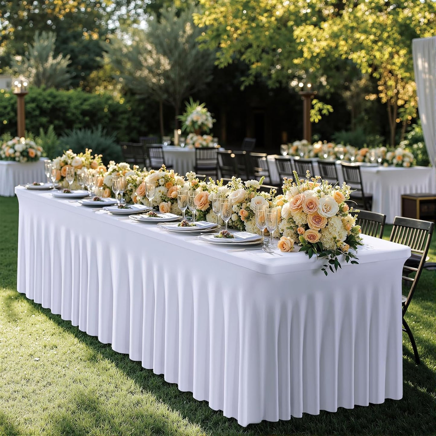 1 Pack White Spandex Tablecloth 8ft with Pleats Skirt, Wrinkle Free High Stretch Fitted Tablecloths for 8 Foot Rectangle Tables, Ruffle Elastic Spandex Table Covers 8ft for Parties Weddings Banquet