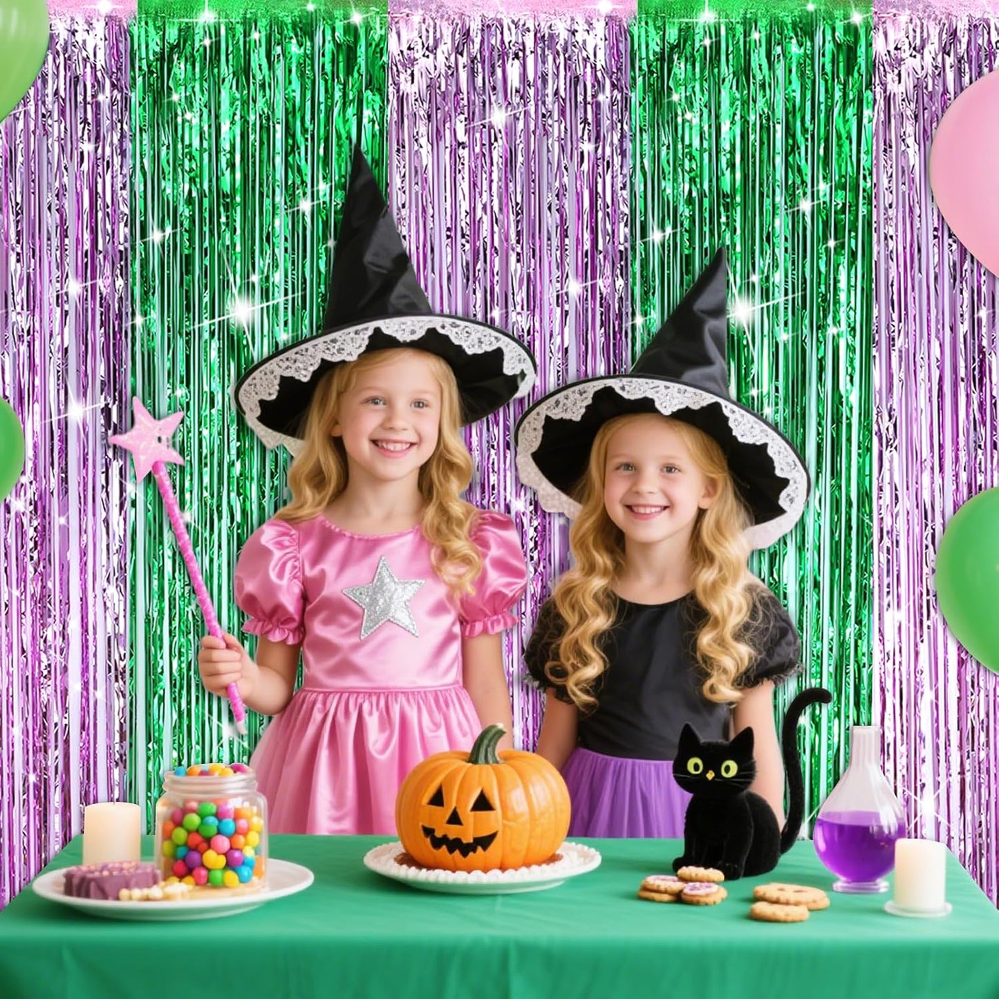 4Pcs Green Pink Backdrop Party Decorations,Tinsel Foil Fringe Curtains,Straight Shiny Foil Fringe Backdrop Curtain,Photo Booth Streamers Party Decorations for Birthday Wedding,3.2ft × 6.6ft