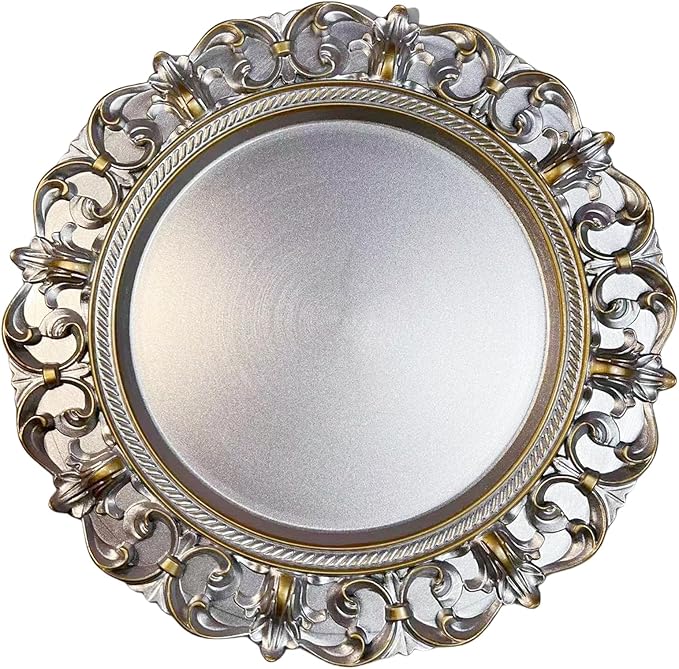 6 Pack Silver Charger Plates 13" Round Charger Plates for Dinning Plates with Embossed Rim Plastic Charger for Dinner, Wedding, Elegant Tableware Decor