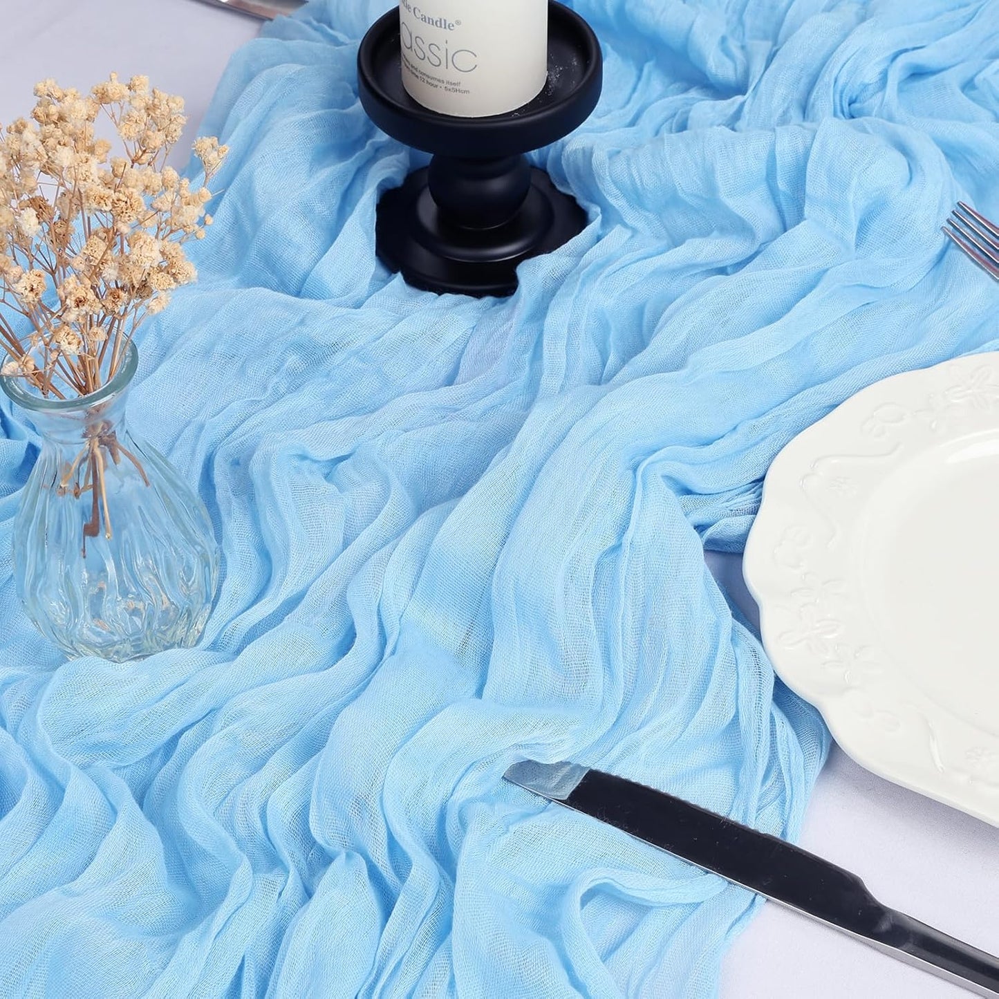 12 Pack 10FT Baby Blue Cheesecloth Table Runner 35x120 Inch Gauze Rustic Boho Fall Table Runner Cheese Cloth for Thanksgiving Wedding Decor Birthday Party Bridal Baby Shower Centerpiece Decoration