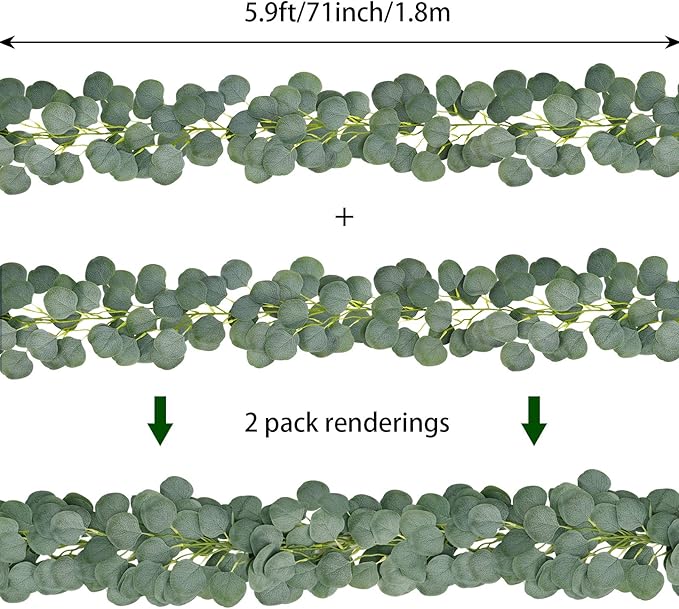Ageomet 2 Packs Artificial Eucalyptus Garland Greenery, Faux Eucalyptus Vines Silver Dollar Eucalyptus Leaves Mantle Garland for Wedding Backdrop Fireplace Table Decor