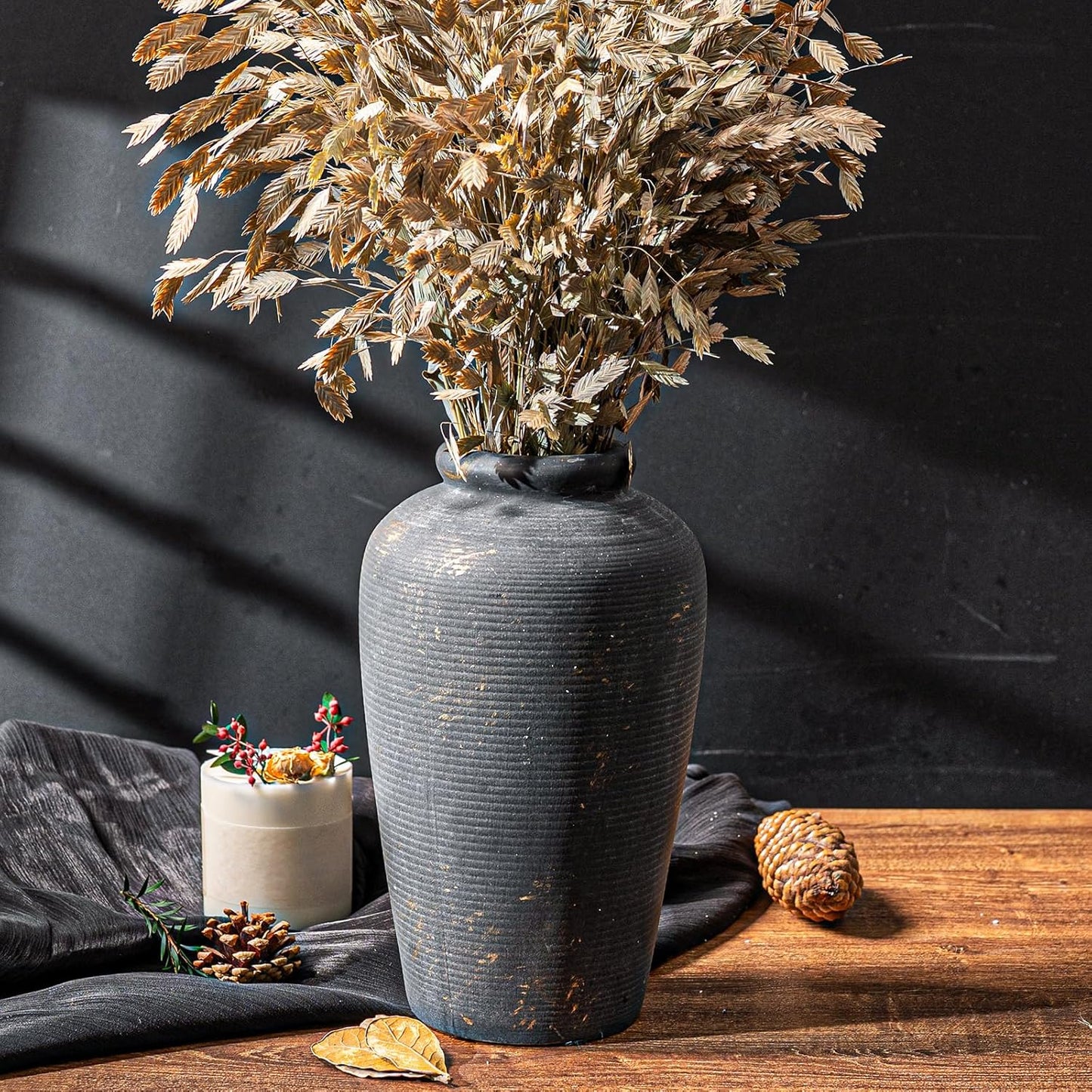 Rustic Ceramic Flower Vase, Small Decorative Terracotta Boho Vase for Living Room, Table Centerpiece, Shelf Decor, Farmhouse, Entryway - 11 Inch Tall, Vintage Black