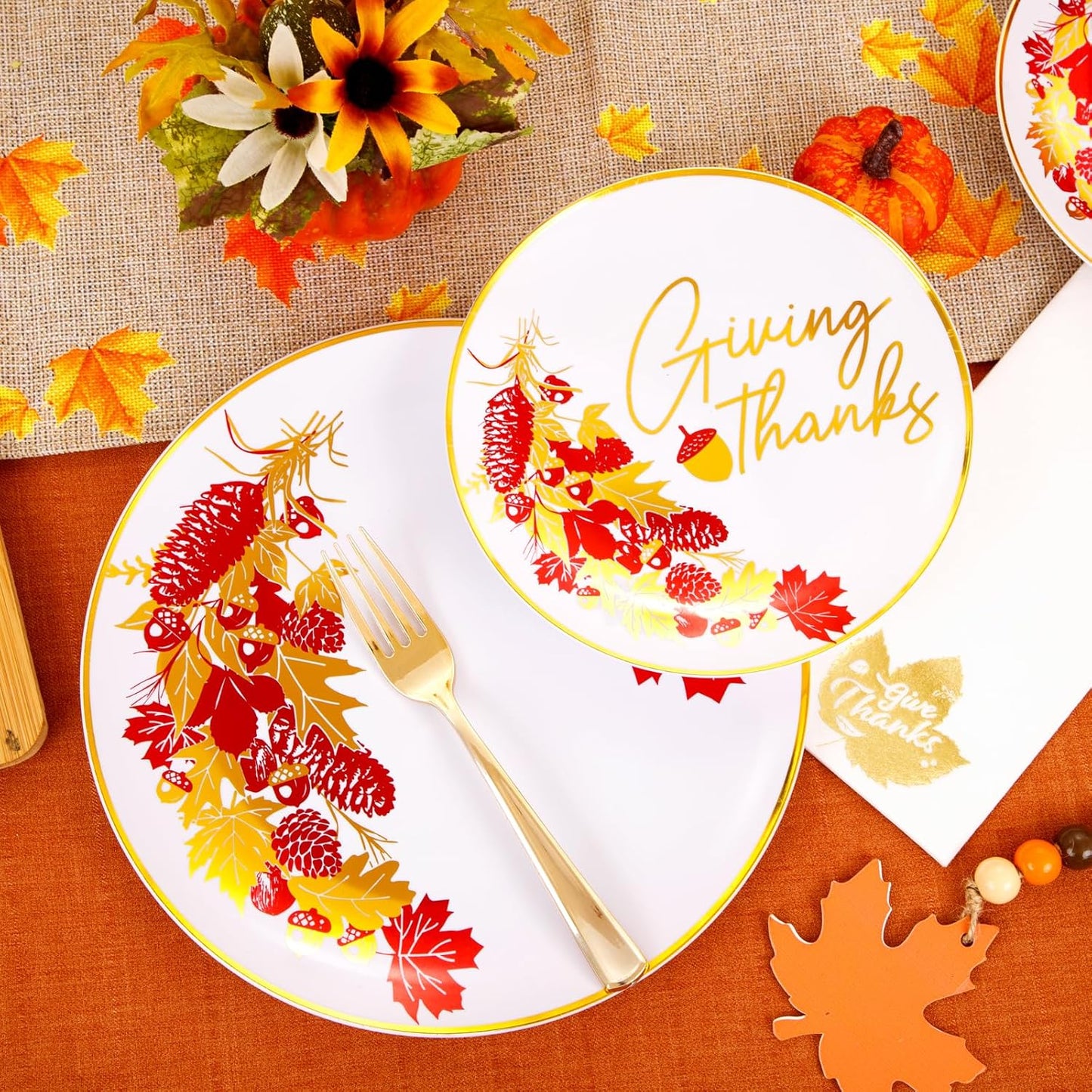 Hioasis 175pcs Thanksgiving Plastic Plates - White and Gold Disposable Plates include 25 Dinner Plates-25 Dessert Plates-25 Knives-25 Forks-25 Spoons-25 Cups-25 Napkins for Thanksgiving Party