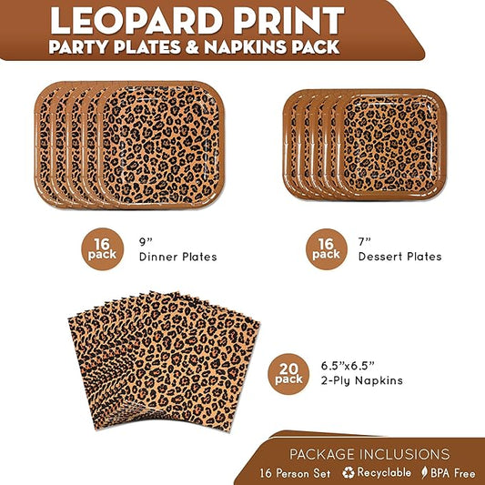 Blue Orchards Leopard Print Party Plates and Napkins (52 Pieces for 16 Guests) - Cheetah Plates and Napkins, Animal Print Birthday Party Supplies, Party Animal Birthday Decorations