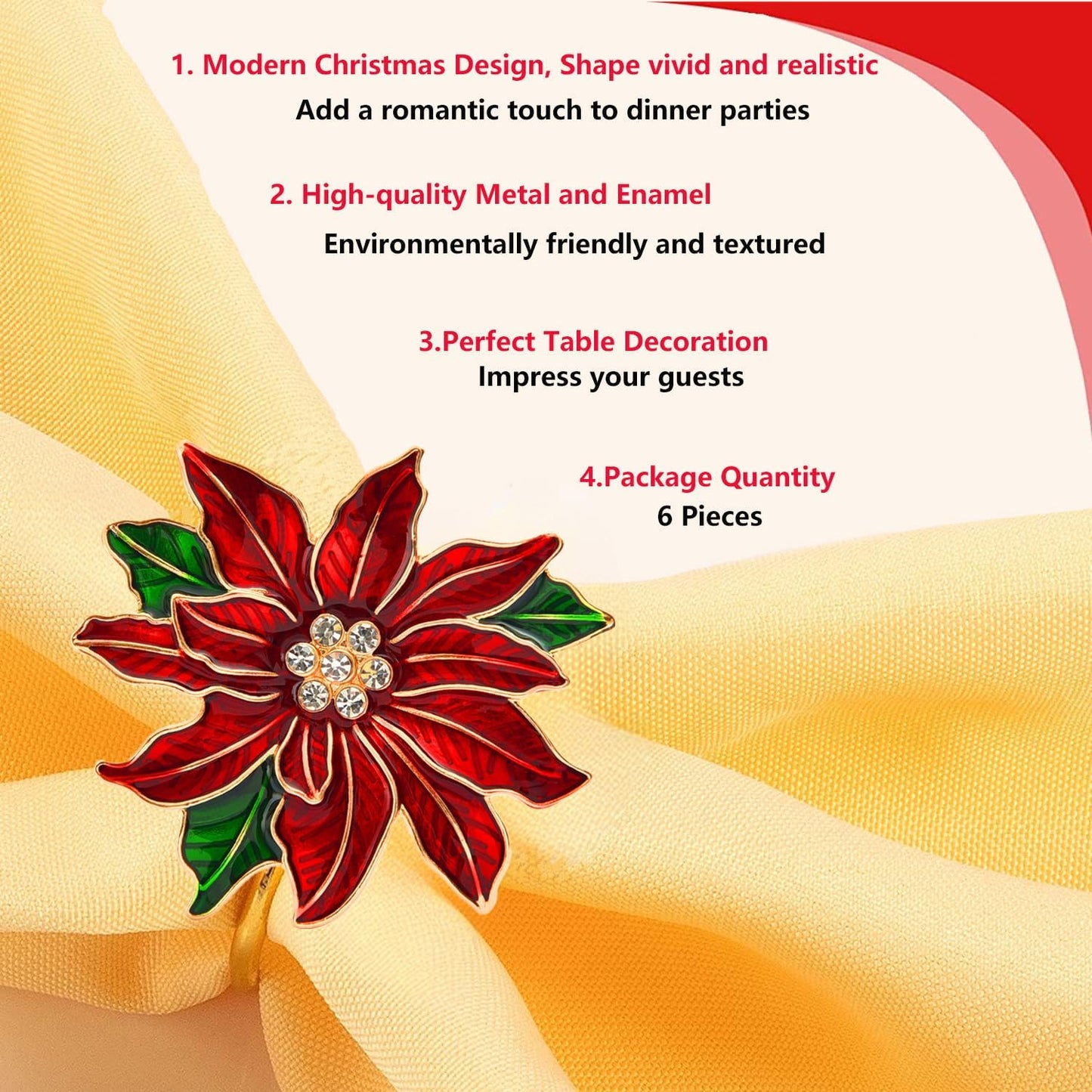 Christmas Napkin Rings Set of 6 Poinsettia Napkin Rings Christmas Napkin Holder for Cloth Napkins