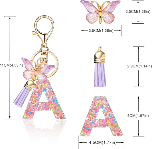 Fashion Alphabet Initial Letter Keychain Tassel Butterfly Pendant Key Ring for Purse Handbags Women Girl