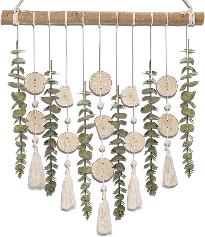 Boho Wall Decor Artificial Eucalyptus Bathroom Decor Fake Eucalyptus Plants Greenery Leaves with Wooden Bead Garland on Stick Rustic Farmhouse Home Decorations for Bedroom Living room Nursery Kitchen