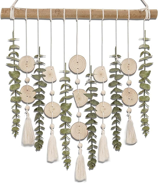Boho Wall Decor Artificial Eucalyptus Bathroom Decor Fake Eucalyptus Plants Greenery Leaves with Wooden Bead Garland on Stick Rustic Farmhouse Home Decorations for Bedroom Living room Nursery Kitchen