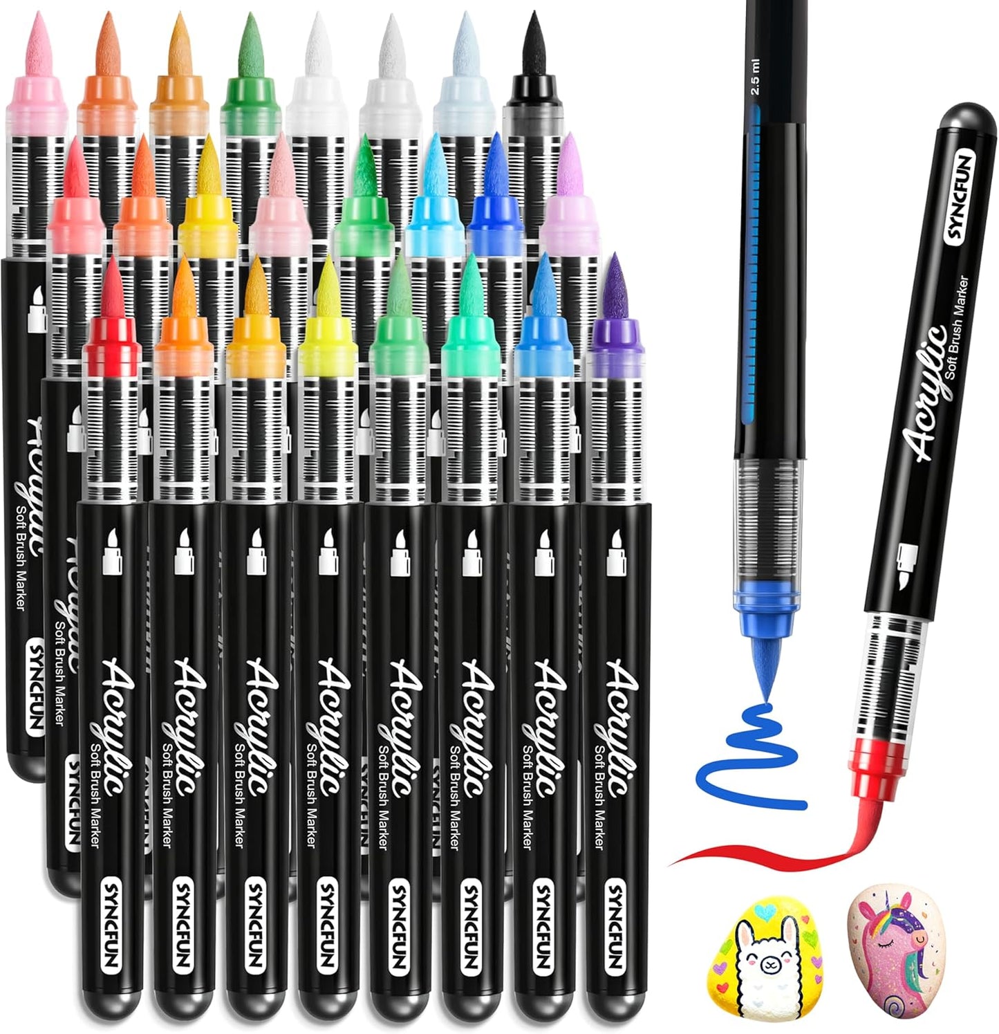 SYNCFUN 24 PCS Acrylic Paint Markers, Brush Tip Markers, Waterproof Paint Coloring Pens for Drawing, Art Supplies & Kids DIY Craft, Fabric, Canvas, Rock Painting, Wood, Glass