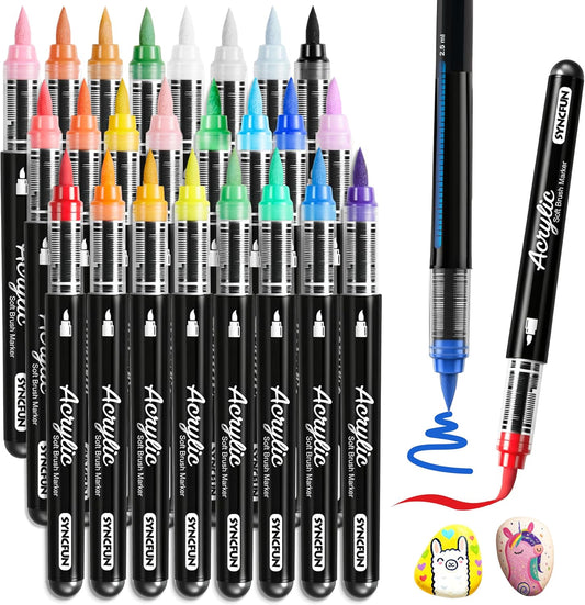 SYNCFUN 24 PCS Acrylic Paint Markers, Brush Tip Markers, Waterproof Paint Coloring Pens for Drawing, Art Supplies & Kids DIY Craft, Fabric, Canvas, Rock Painting, Wood, Glass