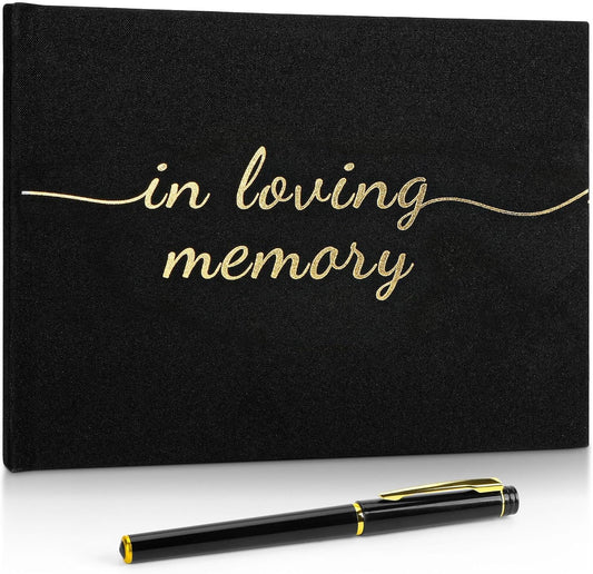 Funeral Guest Book for Memorial Service, in Loving Memory Guest Book with Table Sign, Pen and Box, Guest Sign in Book for Funeral Service, Elegant Black Memorial Books for Celebration of Life