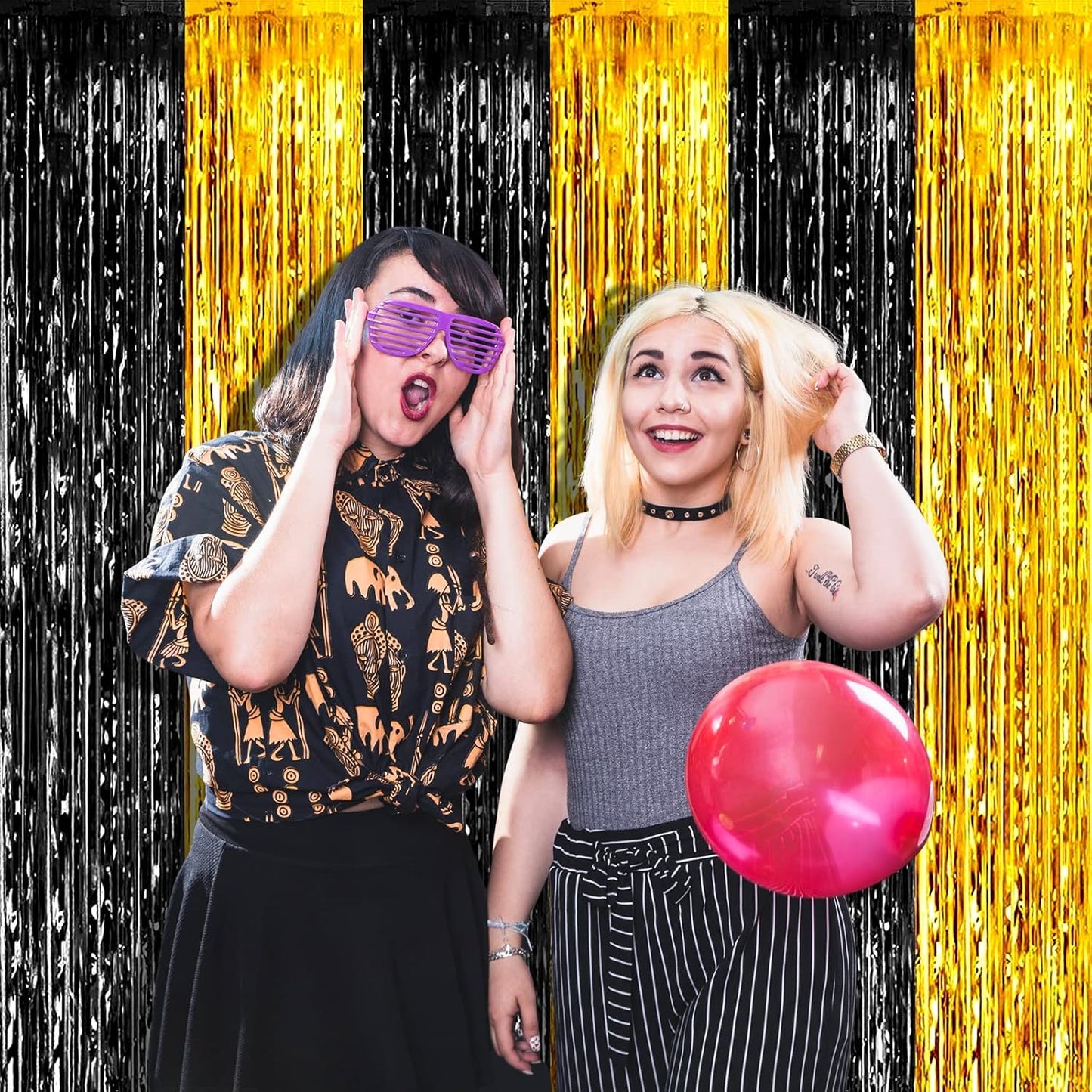 4 Pack 3.2Ft x 6.6Ft Black Gold Foil Fringe Curtain Backdrop, Metallic Tinsel Foil Fringe Streamers Curtains Background for Photo Booth, Birthday, Wedding, Graduation, Carnival Party Decoration