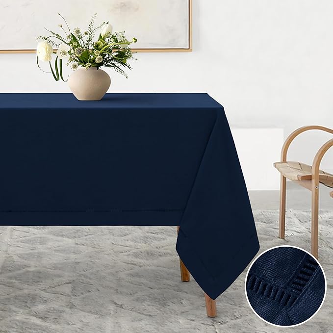 Linen World Hemstitch Linen Tablecloth,French Linen Navy Tablecloth 120" x 60" Inch,Washable Rectangular Table Cloth for Dining,Outdoor,Weddings and Restaurants,Decorative Thanksgiving Christmas
