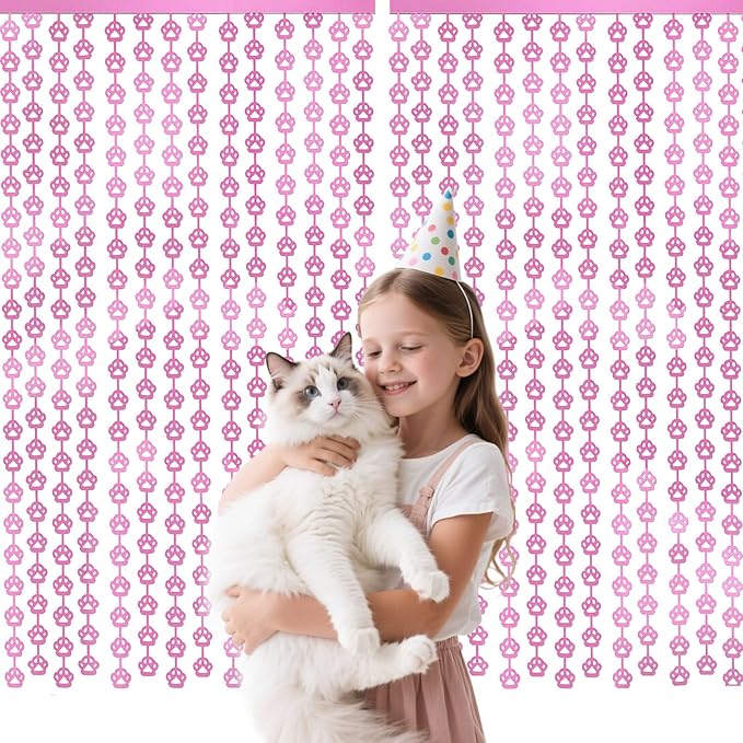 Cat Party Decorations - 2 Packs Pink Paw Foil Fringe Streamers Curtains for Boys Girls Birthday Backdrop Decorations, Pet Themed Photo Booth Prop (3.3x6.6 ft)