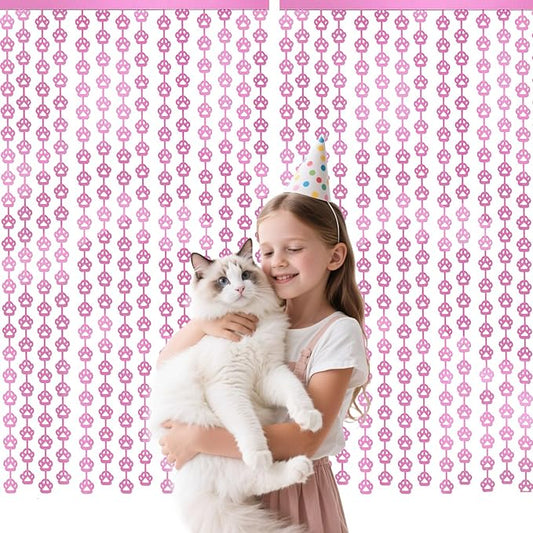 Cat Party Decorations - 2 Packs Pink Paw Foil Fringe Streamers Curtains for Boys Girls Birthday Backdrop Decorations, Pet Themed Photo Booth Prop (3.3x6.6 ft)