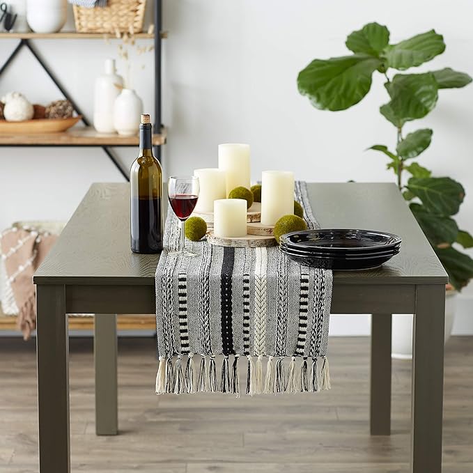 DII Farmhouse Braided Stripe Table Runner Collection, 15x72 (15x77, Fringe Included), Black