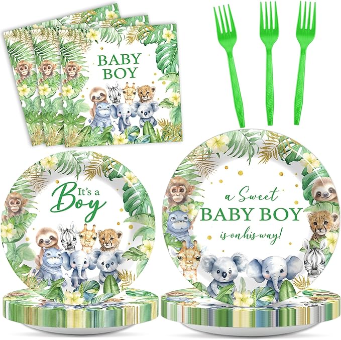 96Pcs Safari Jungle Baby Shower Party Supplies Green Wild Animals Baby Boy Paper Plates Napkins Baby Shower Party Decorations Safari Jungle Dinnerware Party Favor Wild One Tableware Serves 24