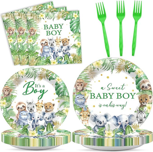 96Pcs Safari Jungle Baby Shower Party Supplies Green Wild Animals Baby Boy Paper Plates Napkins Baby Shower Party Decorations Safari Jungle Dinnerware Party Favor Wild One Tableware Serves 24