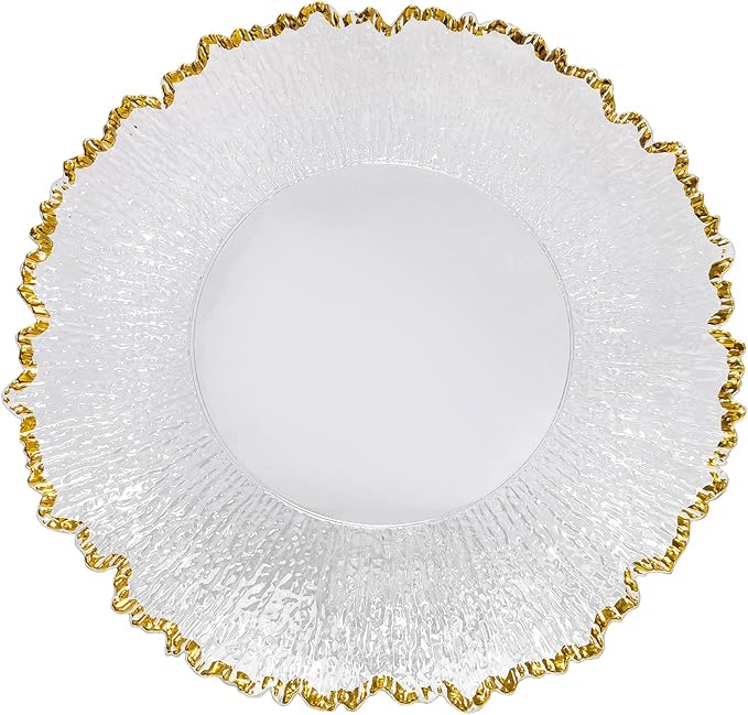 13inch Clear Acrylic Gold Rim Charger Plates,Set of 8, Gold Reef Textured Rim Charger Plates for Dinner,Wedding,Party,Event Decoration.