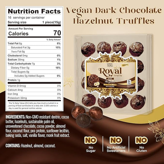 ChocZero Dark Chocolate Hazelnut Truffles, Vegan, Sugar Free, Gluten Free, Keto Holiday Gift, High Fiber, 16 Individually Wrapped Pieces, 8.5 Ounce (Pack of 1)