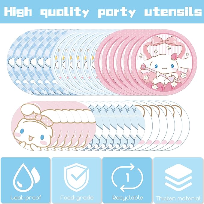 Cartoon Birthday Party Decorations Supplies - 120PCS Kawaii Party Tableware Decorations Kit Include 30 9" Plates, 30 7" Plates, 60 Napkins for Girls Boys Birthday Party Favors